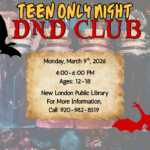 The image is a promotional poster for a "Teen Only Night" D&D Club event. The background features a collection of colorful polyhedral dice and glass jars, creating a fantasy-themed atmosphere. At the top, bold text reads "Teen Only Night DND Club." A black silhouette of a dragon appears on the left, while a red dragon silhouette is on the right. In the center, there is a parchment-like scroll with event details written in black text. The scroll's edges are slightly torn, enhancing the medieval theme.