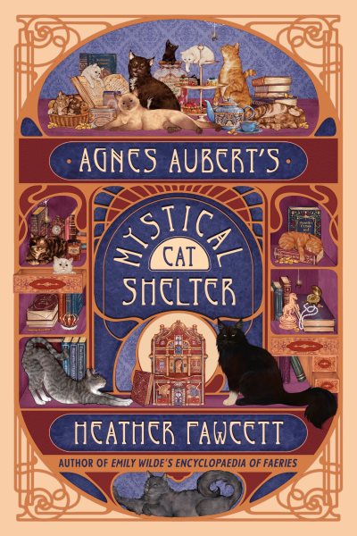 Illustrated book cover featuring cats, books, and ornate patterns.