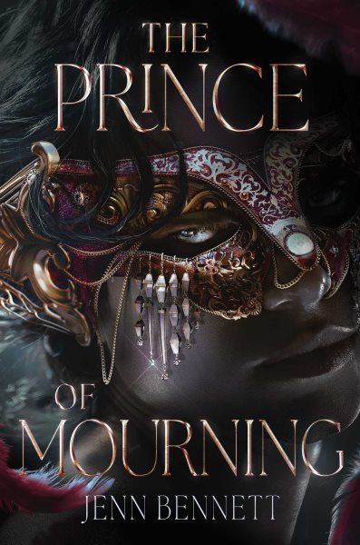 Book cover showing a face partially obscured by an ornate masquerade mask with jewels and dark feathers.