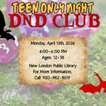 Promotional poster for Teen Only Night DND Club with event details and images of dice and dragons.