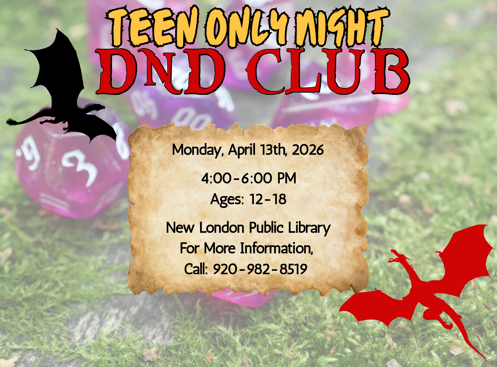Promotional poster for Teen Only Night DND Club with event details and images of dice and dragons.