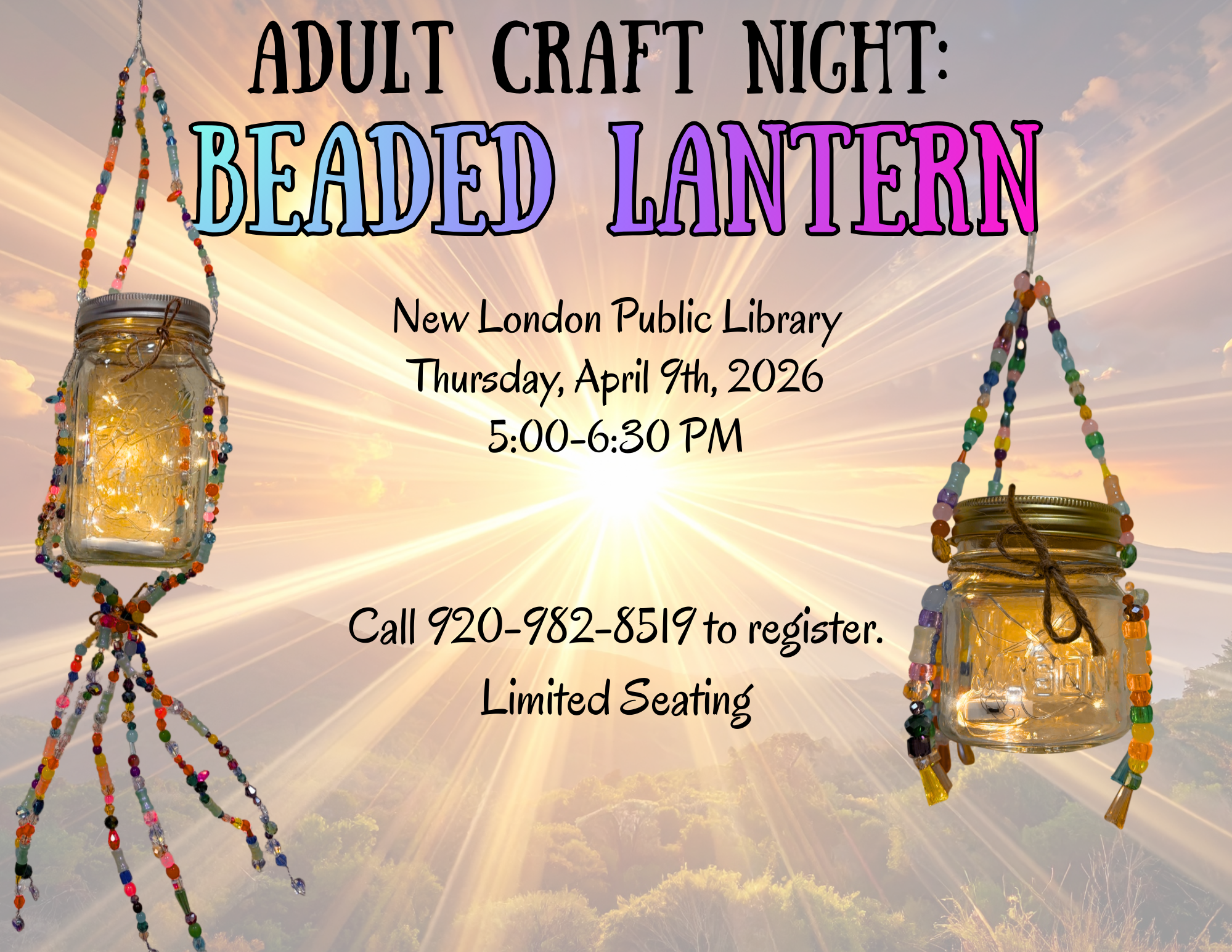 Advertisement for an adult craft night featuring beaded lanterns against a sunny backdrop.