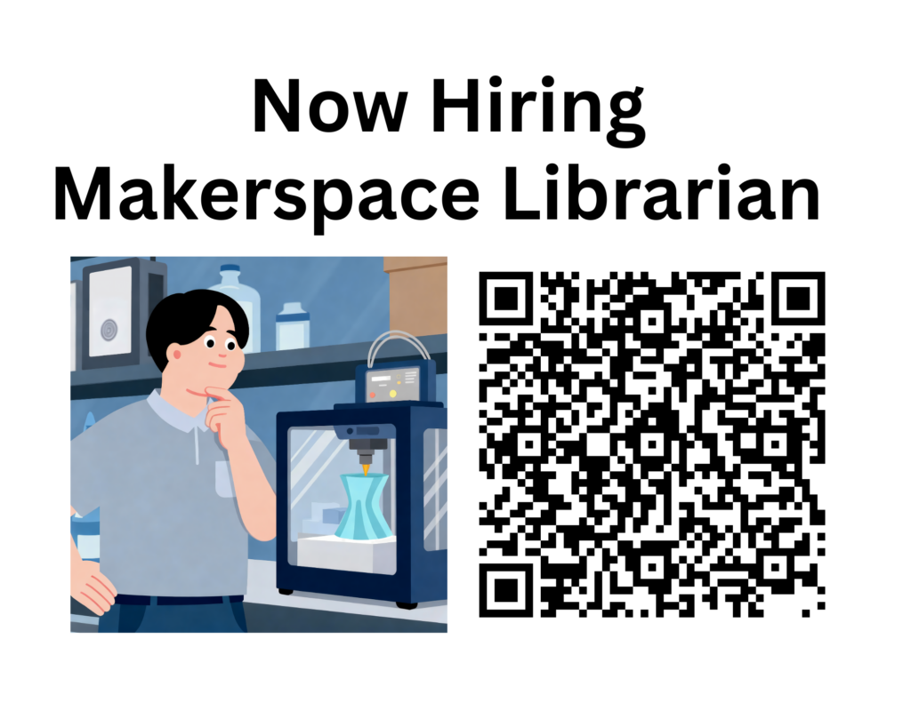 image of a character with a 3d printer next to a QR code