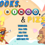 Beach-themed event flyer with text "BOOKS, BINGO, & PIZZA" and event details for Tuesdays during the summer, featuring cartoon images of a pizza slice and a capybara.