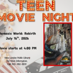 Popcorn background with a movie poster featuring a dinosaur and a person on a cliff.