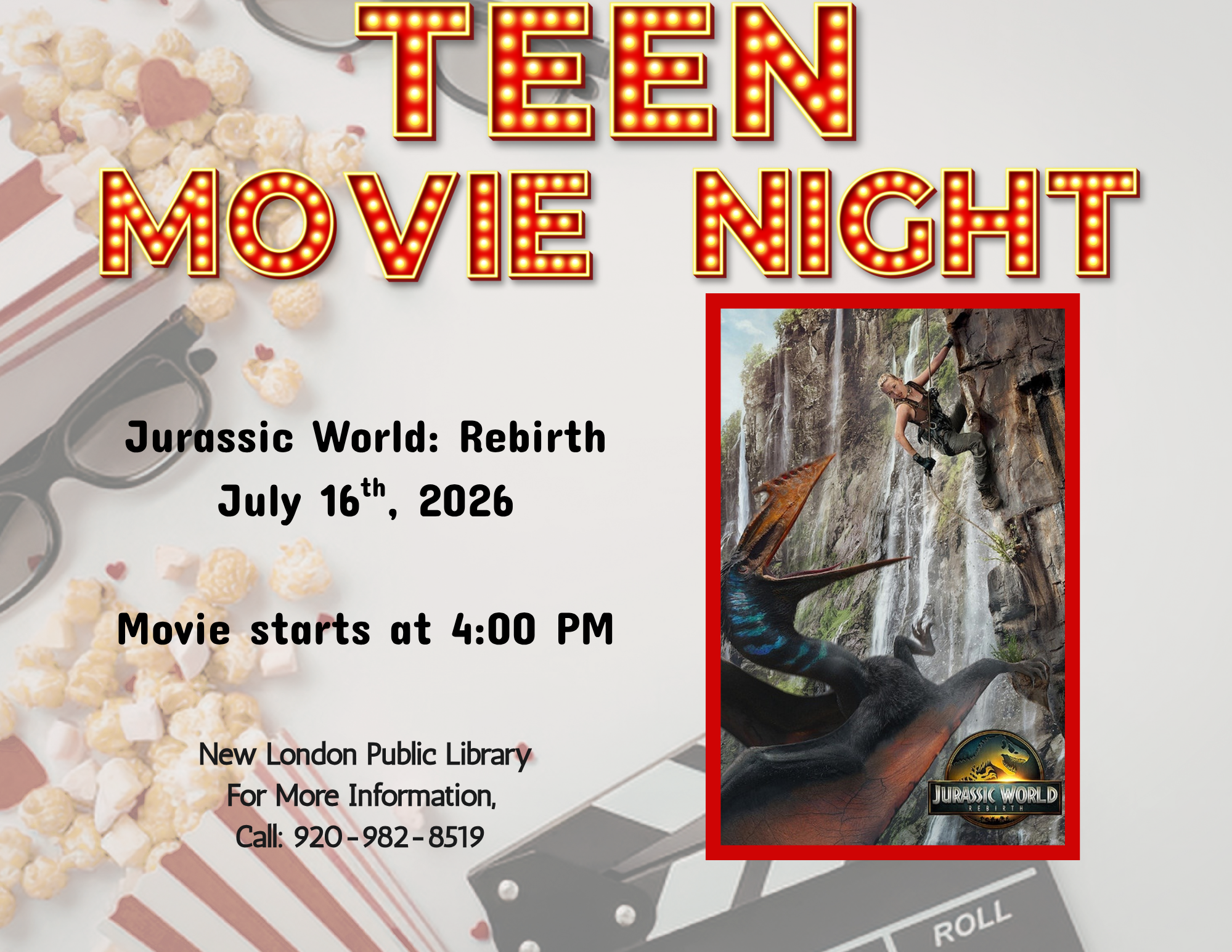 Popcorn background with a movie poster featuring a dinosaur and a person on a cliff.