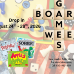 Board Game background with scrabble pieces spelling out board game week. Featuring board games like picturka, apples to apples and sorry!