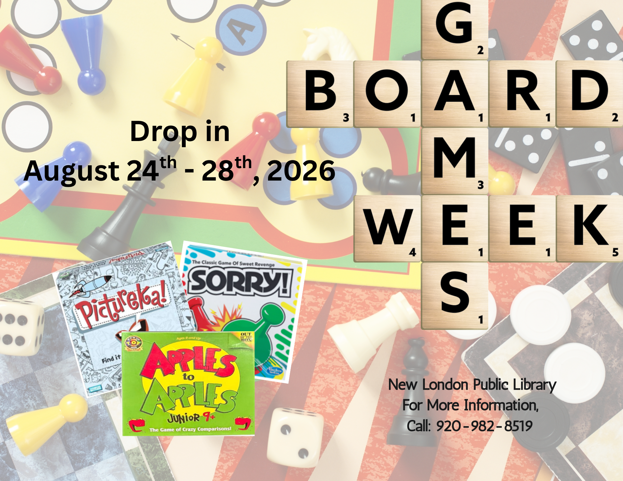 Board Game background with scrabble pieces spelling out board game week. Featuring board games like picturka, apples to apples and sorry!