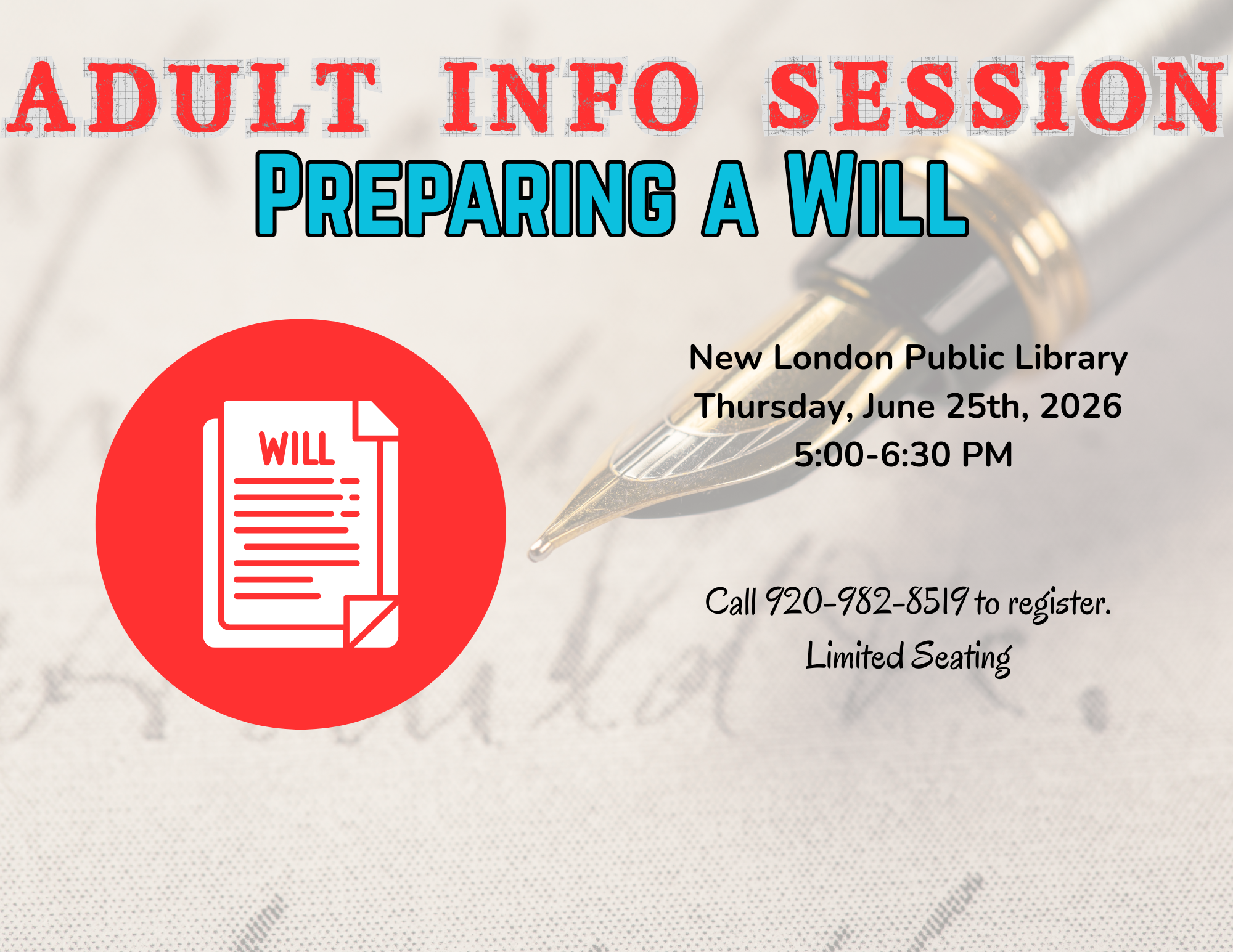 Image of a document in the background and an icon of a will with information regarding the program.