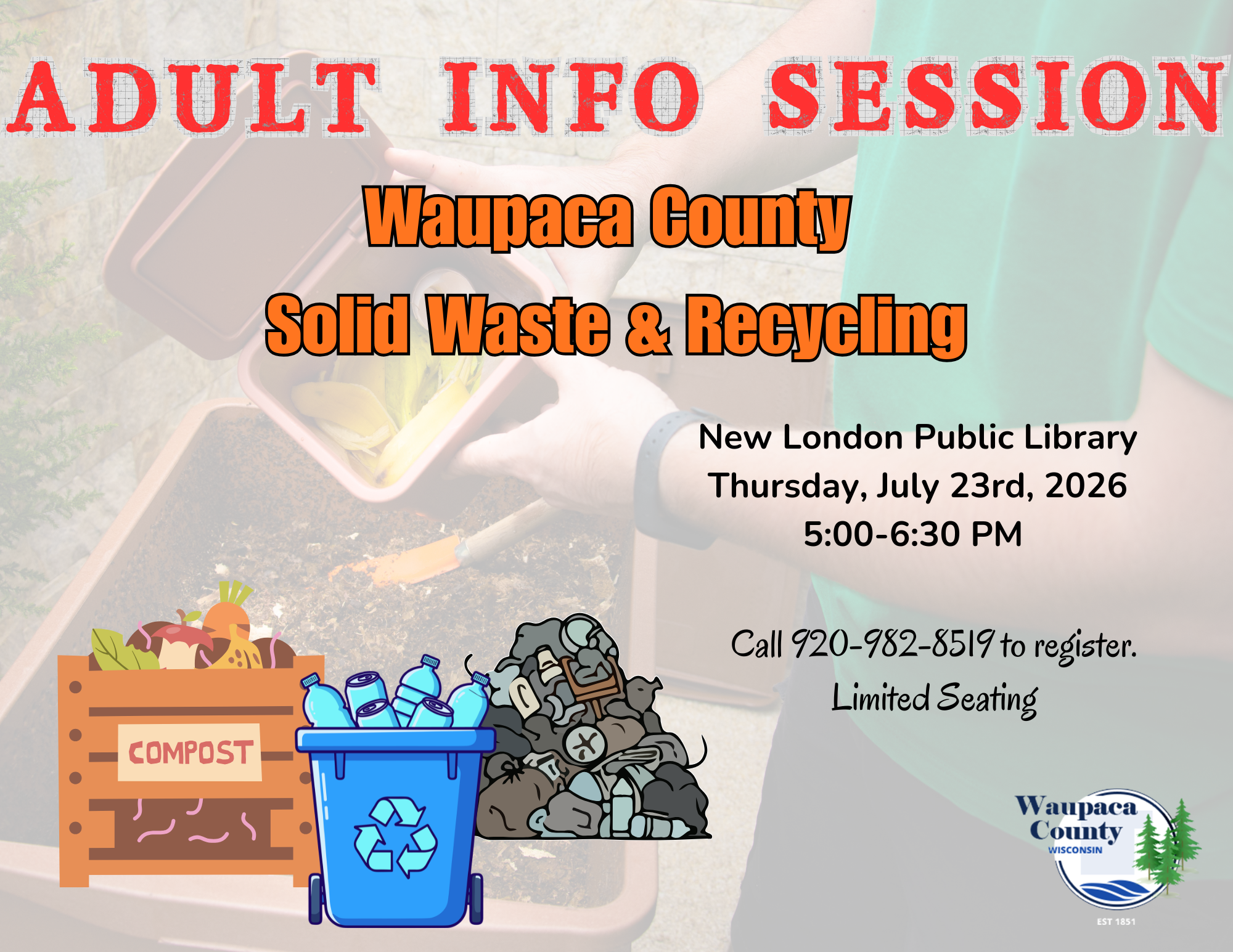 Image of icons of recycling, garbage, and composting with information about the program at the library