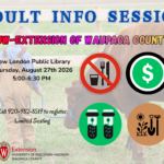 Image of a cow and child in the background with icons of money, soil test tubs, utensils crossed out and gardening tools to promote the library program