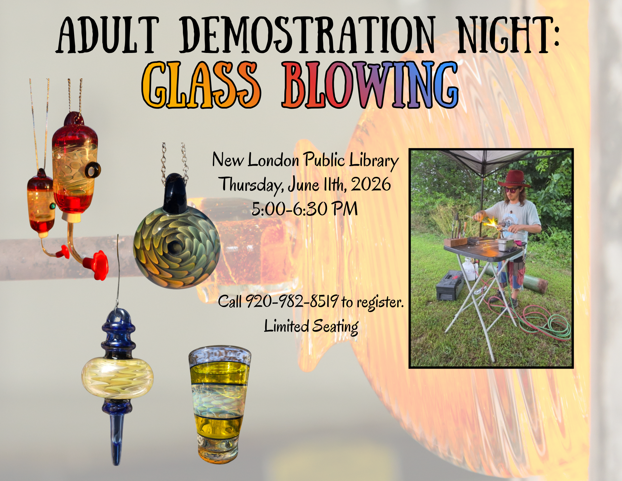 Image of glass firing with other images featuring brady blowing glass and his samples of glass he has blown