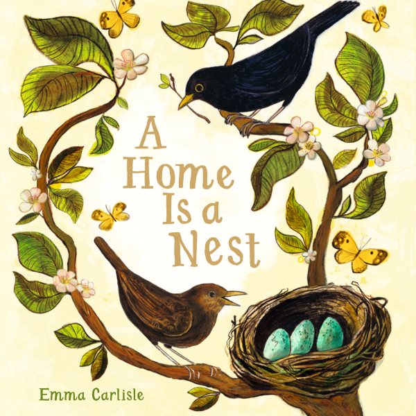 Illustrated book cover with two birds and nest on leafy branches with text "A Home Is a Nest".