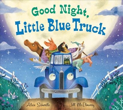Children’s book cover with a blue truck and farm animals under a full moon, titled "Good Night, Little Blue Truck."