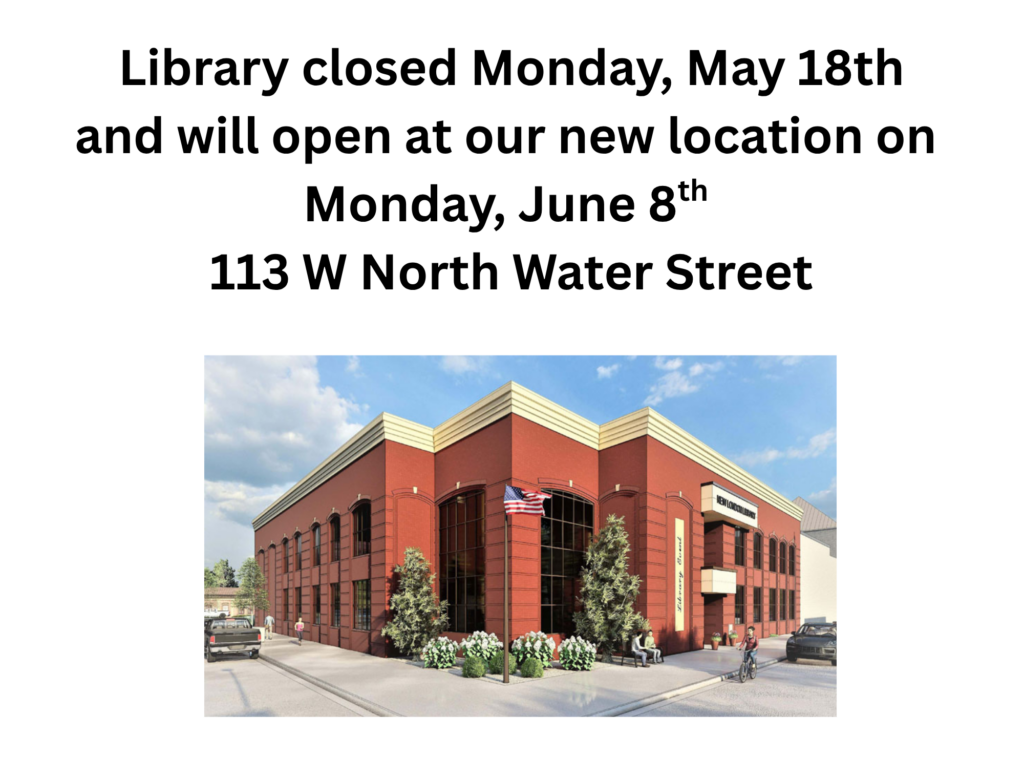 Image of a library closure announcement with a render of a new library building.