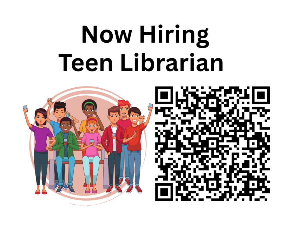Job ad with an illustration of teens with technology and a QR code.