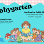 Promotional image for Babygarten at New London Public Library with an illustration of a woman reading to children.