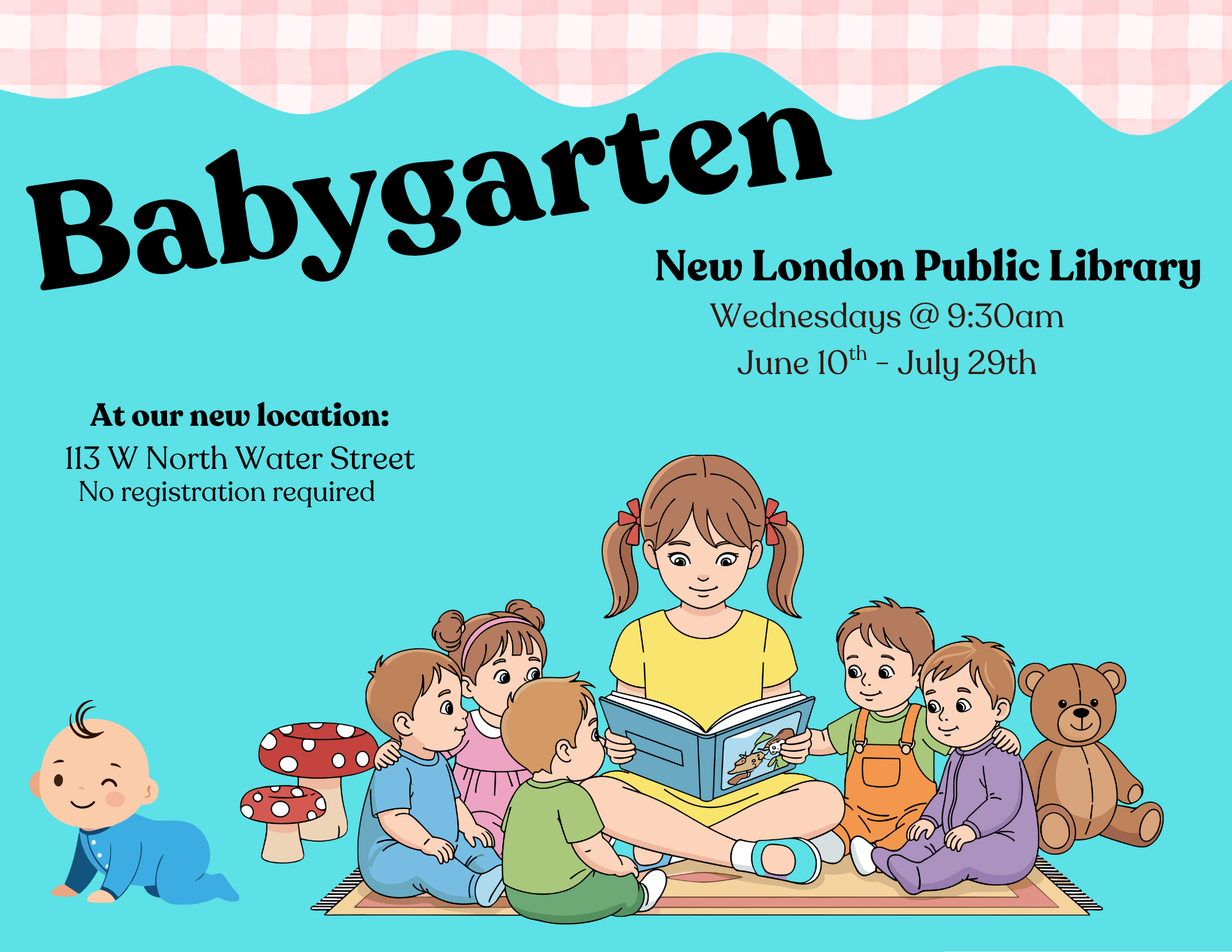Promotional image for Babygarten at New London Public Library with an illustration of a woman reading to children.