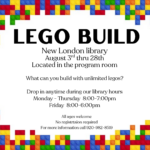 Promotional poster for a LEGO building event at New London library with a colorful LEGO brick border.
