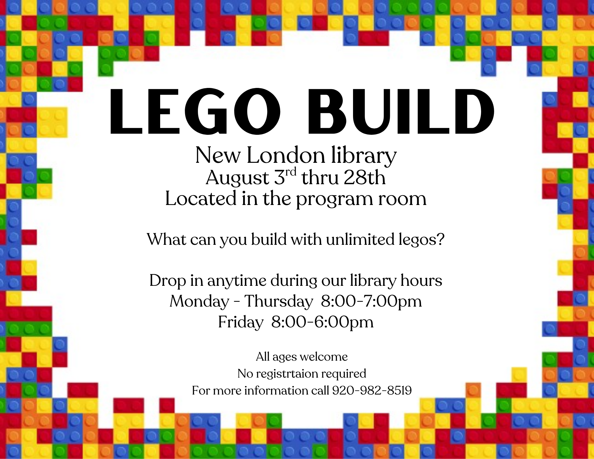 Promotional poster for a LEGO building event at New London library with a colorful LEGO brick border.