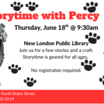 "Library event poster with a person in a gray dog costume and event details in red and black text surrounded by paw prints."