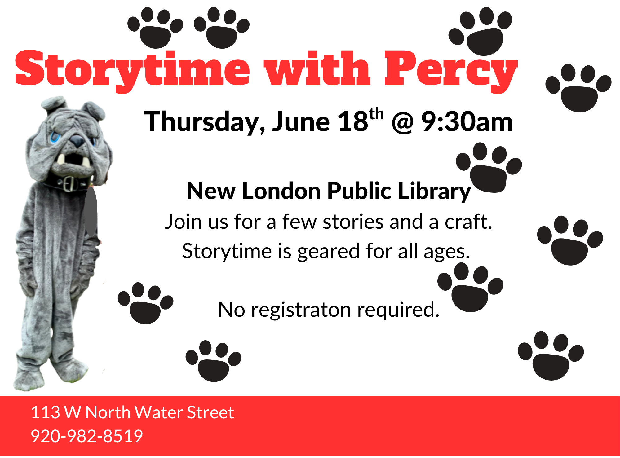 "Library event poster with a person in a gray dog costume and event details in red and black text surrounded by paw prints."